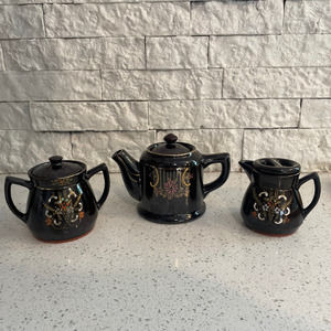 Redware Moriage Style Brown‎ Betty Teapot, Sugar & Creamer Made in Japan